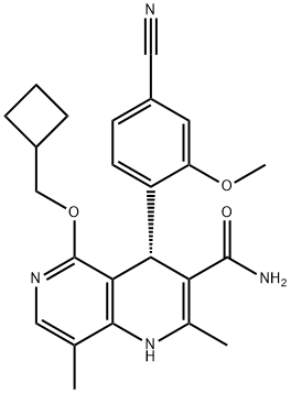 1,6-Naphthyridine-3-carboxamide, 4-(4-cyano-2-methoxyphenyl)-5-(cyclobutylmethoxy)-1,4-dihydro-2,8-dimethyl-, (4S)- Structure