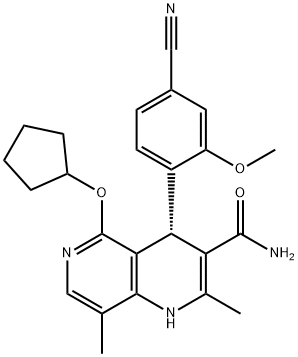 1,6-Naphthyridine-3-carboxamide, 4-(4-cyano-2-methoxyphenyl)-5-(cyclopentyloxy)-1,4-dihydro-2,8-dimethyl-, (4S)- 구조식 이미지