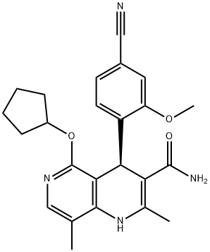 1,6-Naphthyridine-3-carboxamide, 4-(4-cyano-2-methoxyphenyl)-5-(cyclopentyloxy)-1,4-dihydro-2,8-dimethyl-, (4R)- 구조식 이미지