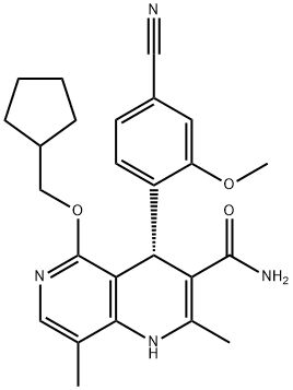 1,6-Naphthyridine-3-carboxamide, 4-(4-cyano-2-methoxyphenyl)-5-(cyclopentylmethoxy)-1,4-dihydro-2,8-dimethyl-, (4S)- 구조식 이미지