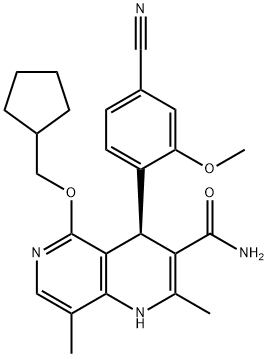 1,6-Naphthyridine-3-carboxamide, 4-(4-cyano-2-methoxyphenyl)-5-(cyclopentylmethoxy)-1,4-dihydro-2,8-dimethyl-, (4R)- Structure