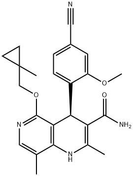 1,6-Naphthyridine-3-carboxamide, 4-(4-cyano-2-methoxyphenyl)-1,4-dihydro-2,8-dimethyl-5-[(1-methylcyclopropyl)methoxy]-, (4R)- 구조식 이미지