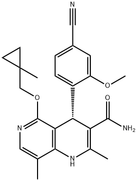 1,6-Naphthyridine-3-carboxamide, 4-(4-cyano-2-methoxyphenyl)-1,4-dihydro-2,8-dimethyl-5-[(1-methylcyclopropyl)methoxy]-, (4S)- 구조식 이미지
