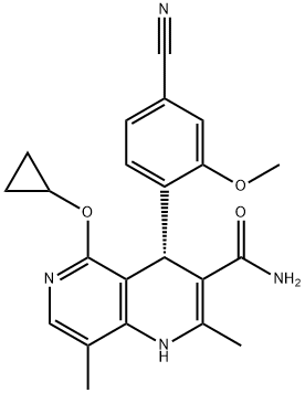 1,6-Naphthyridine-3-carboxamide, 4-(4-cyano-2-methoxyphenyl)-5-(cyclopropyloxy)-1,4-dihydro-2,8-dimethyl-, (4S)- 구조식 이미지