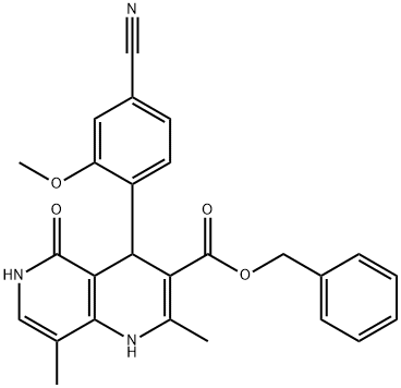 1,6-Naphthyridine-3-carboxylic acid, 4-(4-cyano-2-methoxyphenyl)-1,4,5,6-tetrahydro-2,8-dimethyl-5-oxo-, phenylmethyl ester Structure