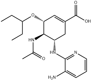 1-Cyclohexene-1-carboxylic acid, 4-(acetylamino)-5-[(3-amino-2-pyridinyl)amino]-3-(1-ethylpropoxy)-, (3R,4R,5S)- Structure