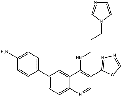 4-Quinolinamine, 6-(4-aminophenyl)-N-[3-(1H-imidazol-1-yl)propyl]-3-(1,3,4-oxadiazol-2-yl)- Structure