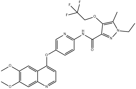 1H-Pyrazole-3-carboxamide, N-[5-[(6,7-dimethoxy-4-quinolinyl)oxy]-2-pyridinyl]-1-ethyl-5-methyl-4-(2,2,2-trifluoroethoxy)- 구조식 이미지