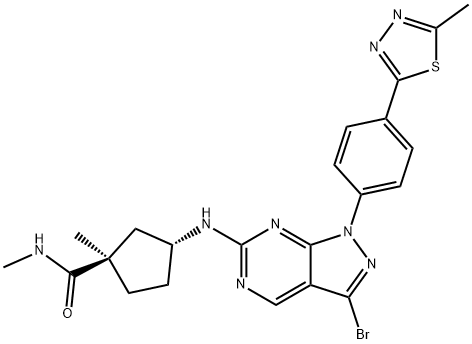 Cyclopentanecarboxamide, 3-[[3-bromo-1-[4-(5-methyl-1,3,4-thiadiazol-2-yl)phenyl]-1H-pyrazolo[3,4-d]pyrimidin-6-yl]amino]-N,1-dimethyl-, (1R,3R)- Structure