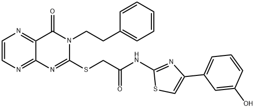 Acetamide, 2-[[3,4-dihydro-4-oxo-3-(2-phenylethyl)-2-pteridinyl]thio]-N-[4-(3-hydroxyphenyl)-2-thiazolyl]- Structure