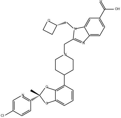 1H-Benzimidazole-6-carboxylic acid, 2-[[4-[(2S)-2-(5-chloro-2-pyridinyl)-2-methyl-1,3-benzodioxol-4-yl]-1-piperidinyl]methyl]-1-[(2S)-2-oxetanylmethyl]- Structure