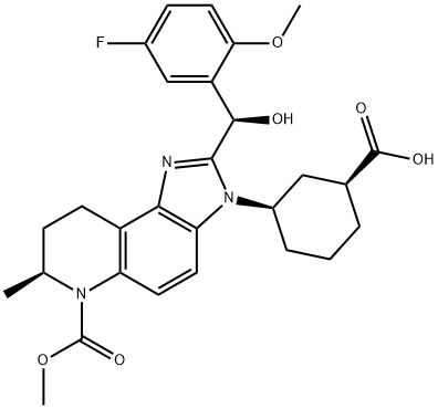 6H-Imidazo[4,5-f]quinoline-6-carboxylic acid, 3-[(1R,3S)-3-carboxycyclohexyl]-2-[(R)-(5-fluoro-2-methoxyphenyl)hydroxymethyl]-3,7,8,9-tetrahydro-7-methyl-, 6-methyl ester, (7S)- Structure