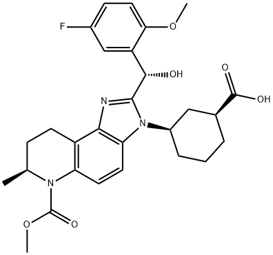 6H-Imidazo[4,5-f]quinoline-6-carboxylic acid, 3-[(1R,3S)-3-carboxycyclohexyl]-2-[(S)-(5-fluoro-2-methoxyphenyl)hydroxymethyl]-3,7,8,9-tetrahydro-7-methyl-, 6-methyl ester, (7S)- Structure