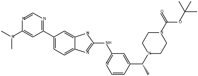 1-Piperazinecarboxylic acid, 4-[(1R)-1-[2-[[6-[6-(dimethylamino)-4-pyrimidinyl]-1H-benzimidazol-2-yl]amino]-4-pyridinyl]ethyl]-, 1,1-dimethylethyl ester Structure