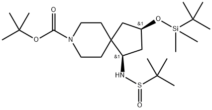 8-Azaspiro[4.5]decane-8-carboxylic acid, 3-[[(1,1-dimethylethyl)dimethylsilyl]oxy]-1-[[(1,1-dimethylethyl)sulfinyl]amino]-, 1,1-dimethylethyl ester, (1R,3R)- 구조식 이미지