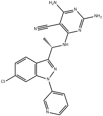 5-Pyrimidinecarbonitrile, 2,4-diamino-6-[[(1S)-1-[6-chloro-1-(3-pyridinyl)-1H-indazol-3-yl]ethyl]amino]- Structure