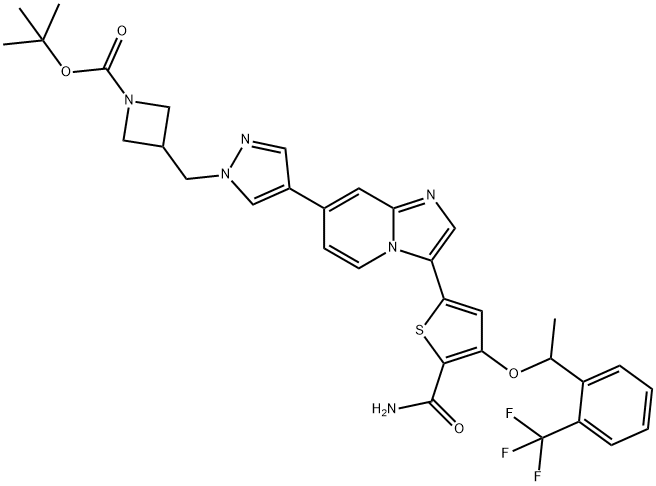 1-Azetidinecarboxylic acid, 3-[[4-[3-[5-(aminocarbonyl)-4-[1-[2-(trifluoromethyl)phenyl]ethoxy]-2-thienyl]imidazo[1,2-a]pyridin-7-yl]-1H-pyrazol-1-yl]methyl]-, 1,1-dimethylethyl ester Structure