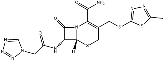 5-Thia-1-azabicyclo[4.2.0]oct-2-ene-2-carboxamide, 3-[[(5-methyl-1,3,4-thiadiazol-2-yl)thio]methyl]-8-oxo-7-[[2-(1H-tetrazol-1-yl)acetyl]amino]-, (6R,7R)- 구조식 이미지