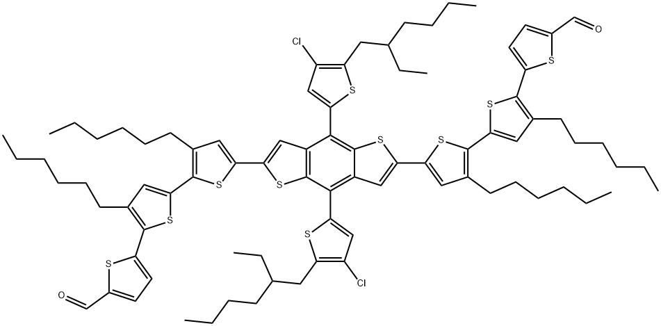 2,?2':5',?2''-?Terthiophene]?-?5-?carboxaldehyde, 5'',?5'''''-?[4,?8-?bis[4-?chloro-?5-?(2-?ethylhexyl)?-?2-?thienyl]?benzo[1,?2-?b:4,?5-?b']?dithiophene-?2,?6-?diyl]?bis[3',?3''-?dihexyl- Structure