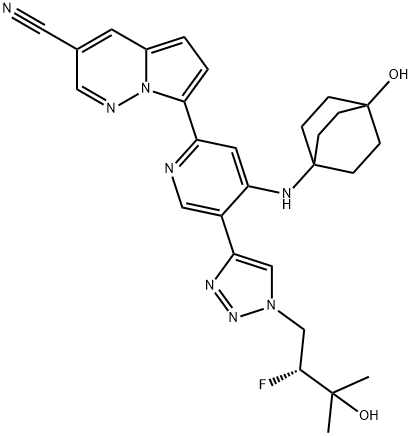 Pyrrolo[1,2-b]pyridazine-3-carbonitrile, 7-[5-[1-[(2R)-2-fluoro-3-hydroxy-3-methylbutyl]-1H-1,2,3-triazol-4-yl]-4-[(4-hydroxybicyclo[2.2.2]oct-1-yl)amino]-2-pyridinyl]- Structure