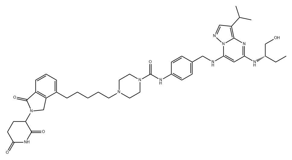 1-Piperazinecarboxamide, 4-[5-[2-(2,6-dioxo-3-piperidinyl)-2,3-dihydro-1-oxo-1H-isoindol-4-yl]pentyl]-N-[4-[[[5-[[(1S)-1-(hydroxymethyl)propyl]amino]-3-(1-methylethyl)pyrazolo[1,5-a]pyrimidin-7-yl]amino]methyl]phenyl]- Structure