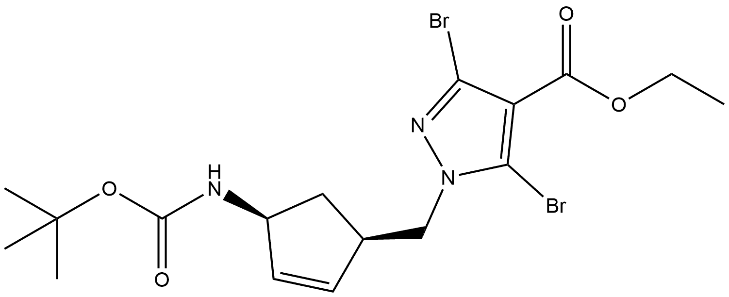 3,5-Dibromo-1-(1R,4S)-(4-Boc-amino-cyclopent-2-enylmethyl)-1H-pyrazole-4-carboxylic acid ethyl ester Structure