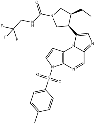 1-Pyrrolidinecarboxamide, 3-ethyl-4-[3-[(4-methylphenyl)sulfonyl]-3H-imidazo[1,2-a]pyrrolo[2,3-e]pyrazin-8-yl]-N-(2,2,2-trifluoroethyl)-, (3S,4R)- 구조식 이미지