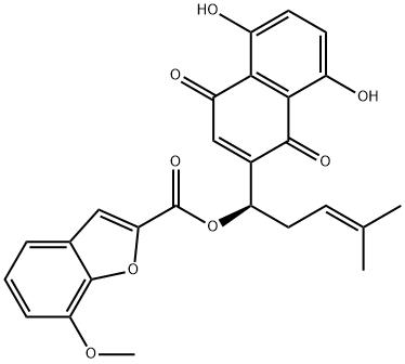 2-Benzofurancarboxylic acid, 7-methoxy-, (1R)-1-(1,4-dihydro-5,8-dihydroxy-1,4-dioxo-2-naphthalenyl)-4-methyl-3-penten-1-yl ester Structure