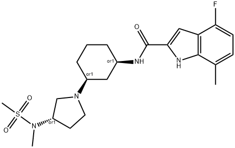 1H-Indole-2-carboxamide, 4-fluoro-7-methyl-N-[(1R,3S)-3-[(3S)-3-[methyl(methylsulfonyl)amino]-1-pyrrolidinyl]cyclohexyl]-, rel- Structure