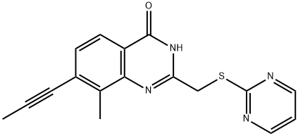 4(3H)-Quinazolinone, 8-methyl-7-(1-propyn-1-yl)-2-[(2-pyrimidinylthio)methyl]- Structure