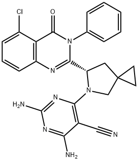 5-Pyrimidinecarbonitrile, 2,4-diamino-6-[(6S)-6-(5-chloro-3,4-dihydro-4-oxo-3-phenyl-2-quinazolinyl)-5-azaspiro[2.4]hept-5-yl]- Structure