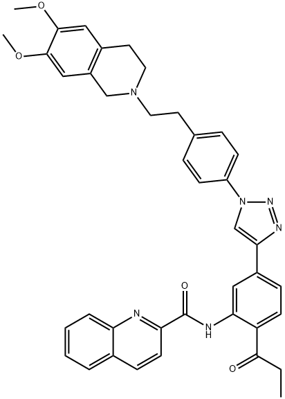 2-Quinolinecarboxamide, N-[5-[1-[4-[2-(3,4-dihydro-6,7-dimethoxy-2(1H)-isoquinolinyl)ethyl]phenyl]-1H-1,2,3-triazol-4-yl]-2-(1-oxopropyl)phenyl]- Structure