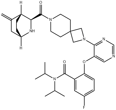 Benzamide, 5-fluoro-2-[[4-[7-[[(1S,3S,4R)-5-methylene-2-azabicyclo[2.2.2]oct-3-yl]carbonyl]-2,7-diazaspiro[3.5]non-2-yl]-5-pyrimidinyl]oxy]-N,N-bis(1-methylethyl)- Structure