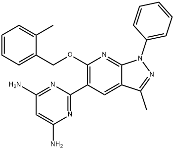 4,6-Pyrimidinediamine, 2-[3-methyl-6-[(2-methylphenyl)methoxy]-1-phenyl-1H-pyrazolo[3,4-b]pyridin-5-yl]- 구조식 이미지