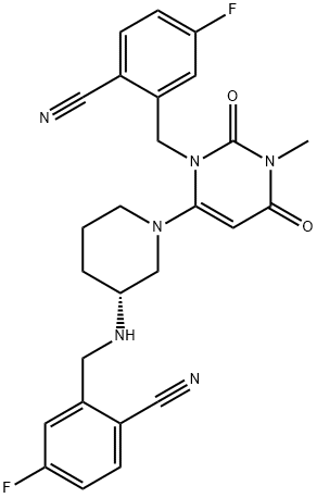 Benzonitrile, 2-[[6-[(3R)-3-[[(2-cyano-5-fluorophenyl)methyl]amino]-1-piperidinyl]-3,4-dihydro-3-methyl-2,4-dioxo-1(2H)-pyrimidinyl]methyl]-4-fluoro- Structure