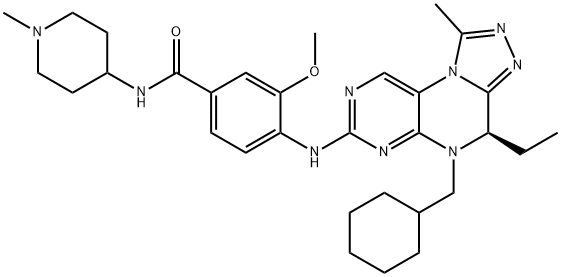 Benzamide, 4-[[(4R)-5-(cyclohexylmethyl)-4-ethyl-4,5-dihydro-1-methyl[1,2,4]triazolo[4,3-f]pteridin-7-yl]amino]-3-methoxy-N-(1-methyl-4-piperidinyl)- Structure