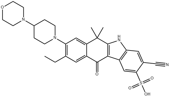 3-Cyano-9-ethyl-6,11-dihydro-6,6-dimethyl-8-[4-(4-morpholinyl)-1-piperidinyl]-11-oxo-5H-benzo[b]carbazole-2-sulfonic acid Structure