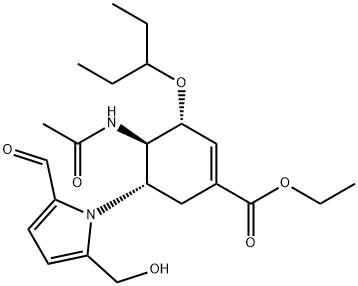 1-Cyclohexene-1-carboxylic acid, 4-(acetylamino)-3-(1-ethylpropoxy)-5-[2-formyl-5-(hydroxymethyl)-1H-pyrrol-1-yl]-, ethyl ester, (3R,4R,5S)- 구조식 이미지