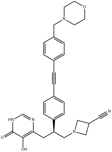 3-Azetidinecarbonitrile, 1-[(2S)-3-(1,6-dihydro-5-hydroxy-6-oxo-4-pyrimidinyl)-2-[4-[2-[4-(4-morpholinylmethyl)phenyl]ethynyl]phenyl]propyl]- Structure