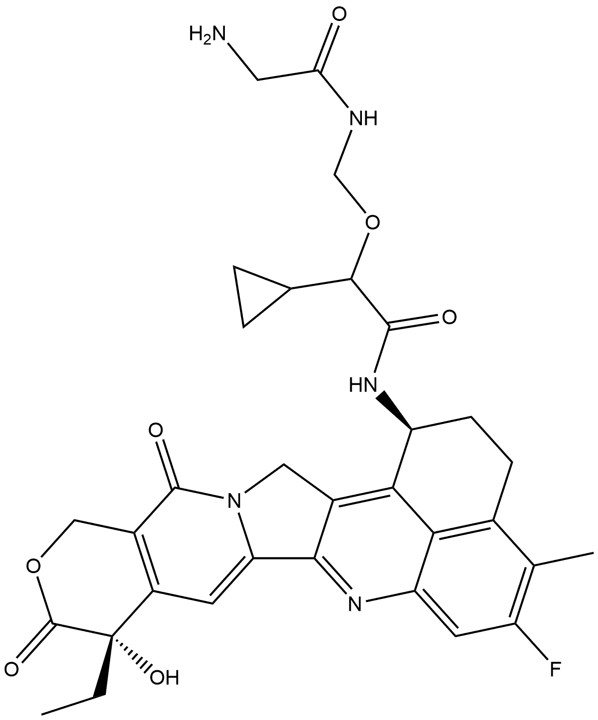 α-[[(2-Aminoacetyl)amino]methoxy]-N-[(1S,9S)-9-ethyl-5-fluoro-2,3,9,10,13,15-hexahydro-9-hydroxy-4-methyl-10,13-dioxo-1H,12H-benzo[de]pyrano[3′,4′:6,7]indolizino[1,2-b]quinolin-1-yl]cyclopropaneacetamide Structure