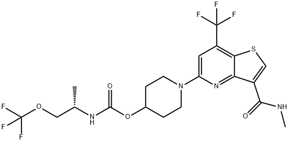 1-(3-(methylcarbamoyl)-7-(trifluoromethyl)thieno[3,2-b]pyridin-5-yl)piperidin-4-yl (S)-(1-(trifluoromethoxy)propan-2-yl)carbamate 구조식 이미지