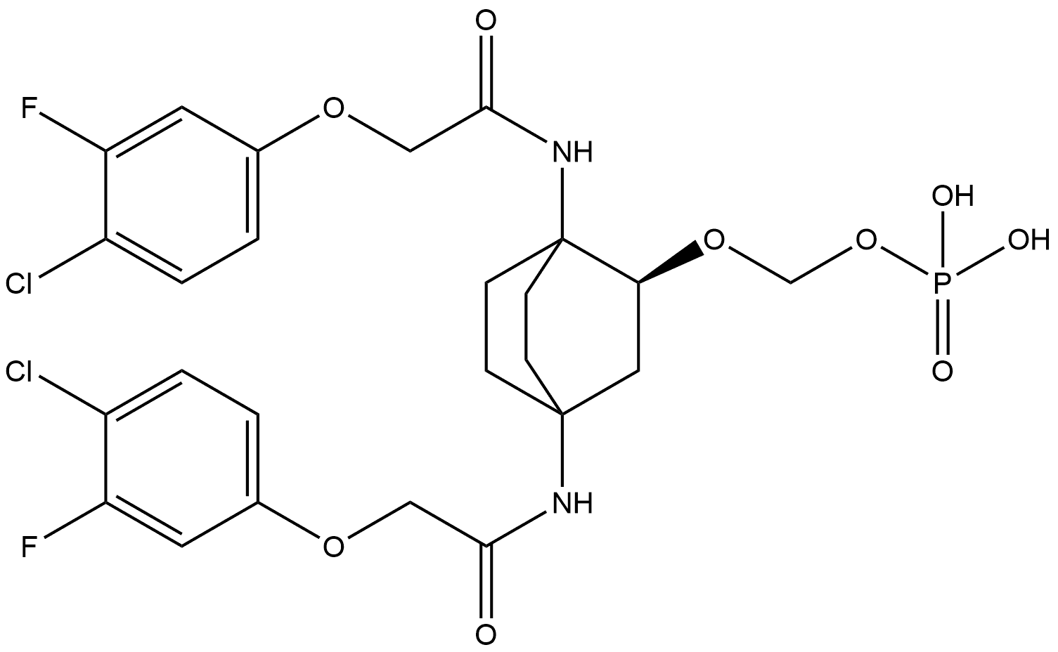 N,N′-[(2S)-2-[(Phosphonooxy)methoxy]bicyclo[2.2.2]octane-1,4-diyl]bis[2-(4-chloro-3-fluorophenoxy)acetamide] Structure