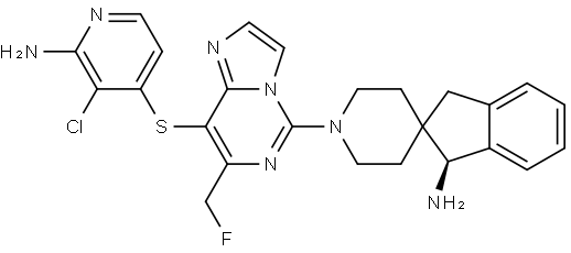 (S)-1'-(8-((2-amino-3-chloropyridin-4-yl) thio)-7-(fluoromethyl) imidazo [1,2-c] pyrimidin-5-yl)-1,3-dihydrospiro [indene-2,4'-piperidine]-1-amine Structure