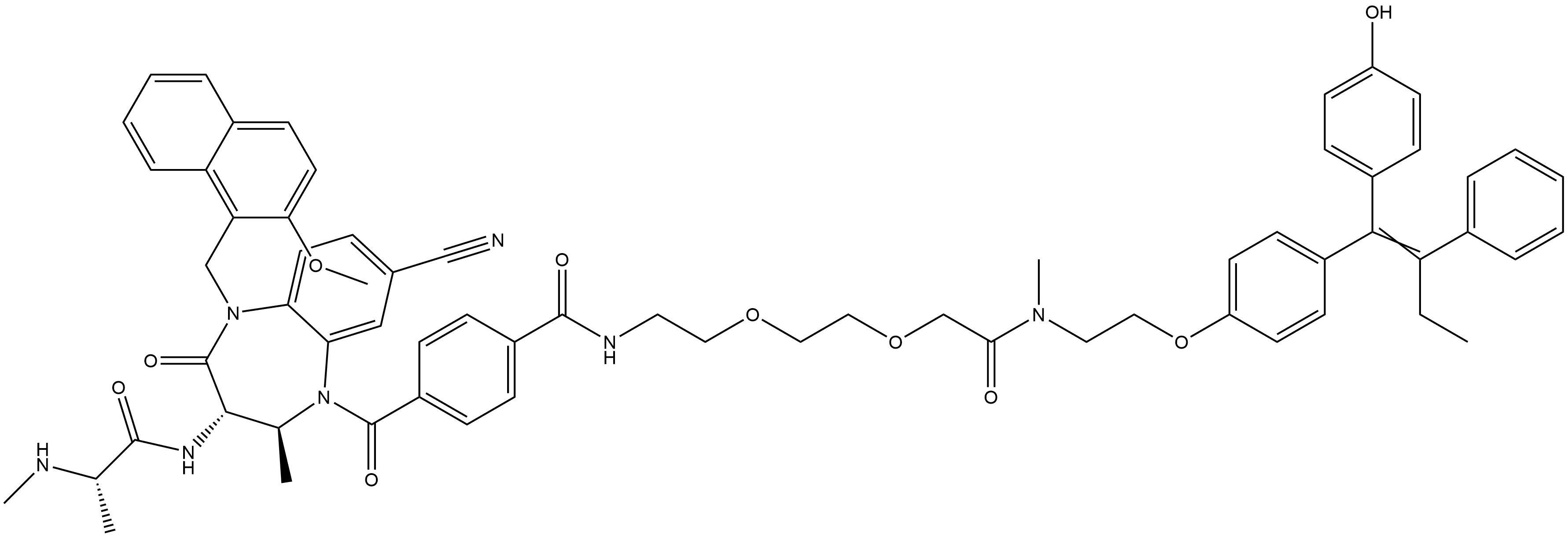 Benzamide, 4-[[(2S,3S)-8-cyano-2,3,4,5-tetrahydro-5-[(2-methoxy-1-naphthalenyl)methyl]-2-methyl-3-[[(2S)-2-(methylamino)-1-oxopropyl]amino]-4-oxo-1H-1,5-benzodiazepin-1-yl]carbonyl]-N-[2-[2-[2-[[2-[4-[1-(4-hydroxyphenyl)-2-phenyl-1-buten-1-yl]phenoxy]ethyl]methylamino]-2-oxoethoxy]ethoxy]ethyl]- Structure