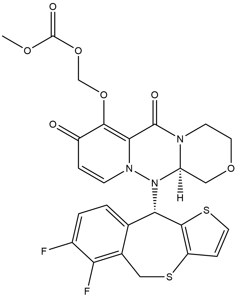 [[(12aR)-12-[(10S)-6,7-Difluoro-5,10-dihydrothieno[3,2-c][2]benzothiepin-10-yl]-3,4,6,8,12,12a-hexahydro-6,8-dioxo-1H-[1,4]oxazino[3,4-c]pyrido[2,1-f][1,2,4]triazin-7-yl]oxy]methyl methyl carbonate Structure