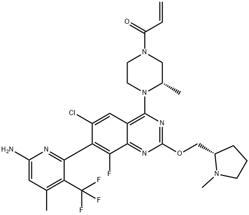 2-Propen-1-one, 1-[(3S)-4-[7-[6-amino-4-methyl-3-(trifluoromethyl)-2-pyridinyl]-6-chloro-8-fluoro-2-[[(2S)-1-methyl-2-pyrrolidinyl]methoxy]-4-quinazolinyl]-3-methyl-1-piperazinyl]- 구조식 이미지