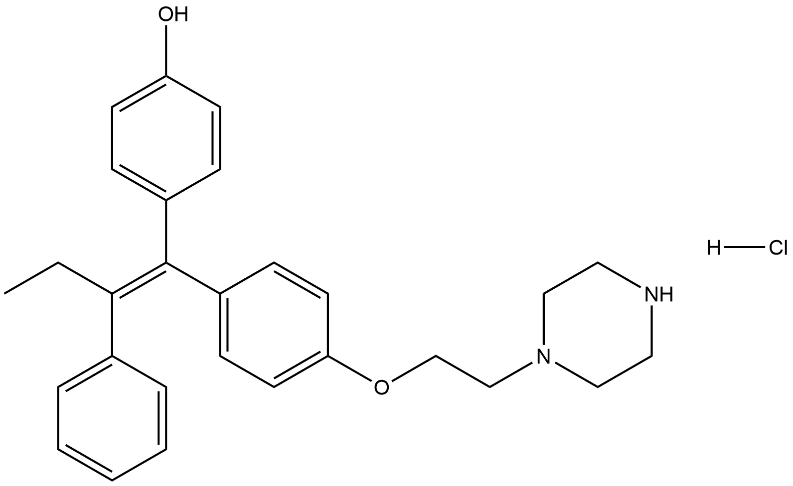 (Z)-4-(2-phenyl-1-(4-(2-(piperazin-1-yl)ethoxy)phenyl)but-1-en-1-yl)phenol hydrochloride Structure