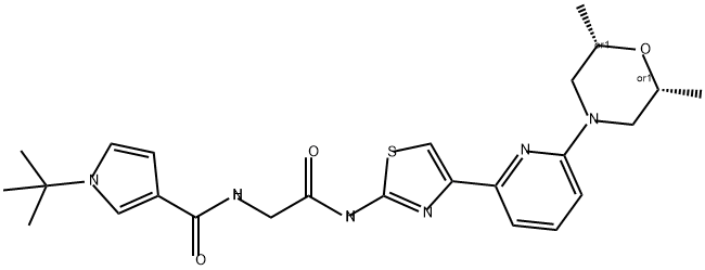 1H-Pyrrole-3-carboxamide, 1-(1,1-dimethylethyl)-N-[2-[[4-[6-[(2R,6S)-2,6-dimethyl-4-morpholinyl]-2-pyridinyl]-2-thiazolyl]amino]-2-oxoethyl]-, rel- 구조식 이미지
