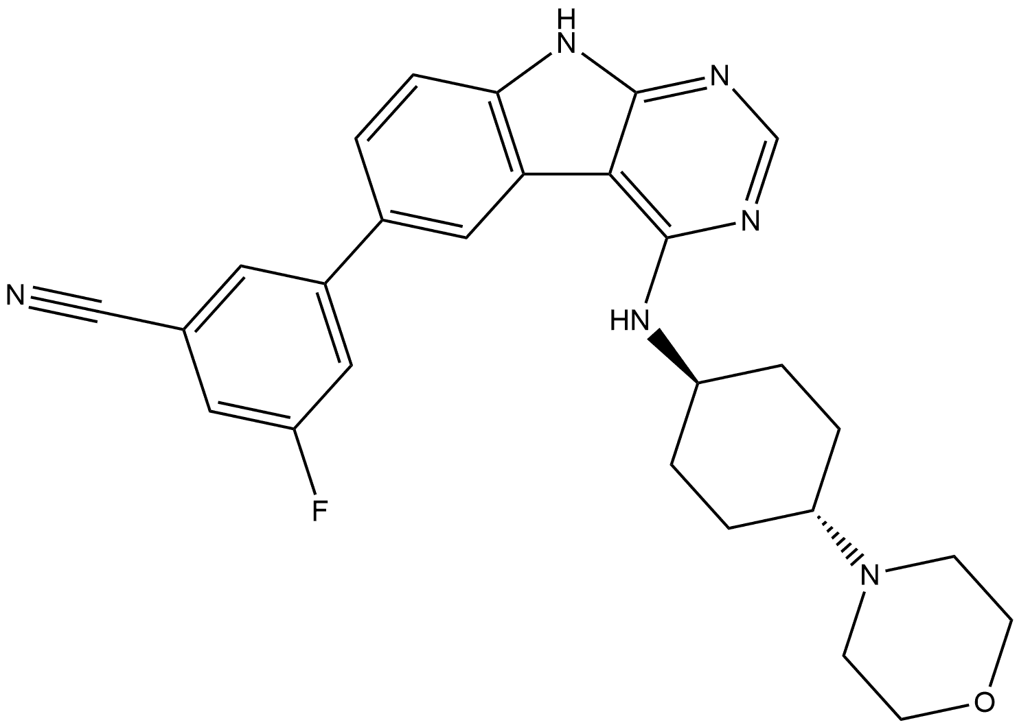 3-fluoro-5-(4-(((1r,4r)-4-morpholinocyclohexyl)amino)-9H-pyrimido[4,5-b]indol-6-yl)benzonitrile 구조식 이미지