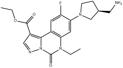 Pyrazolo[1,5-c]quinazoline-1-carboxylic acid, 8-[(3S)-3-(aminomethyl)-1-pyrrolidinyl]-6-ethyl-9-fluoro-5,6-dihydro-5-oxo-, ethyl ester Structure